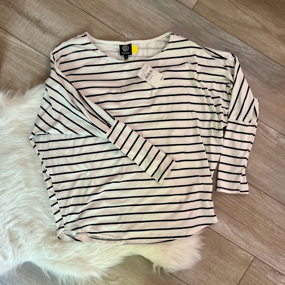 BOBEAU | NWT Black Striped Cream Boxy Long Sleeve Tee (L)